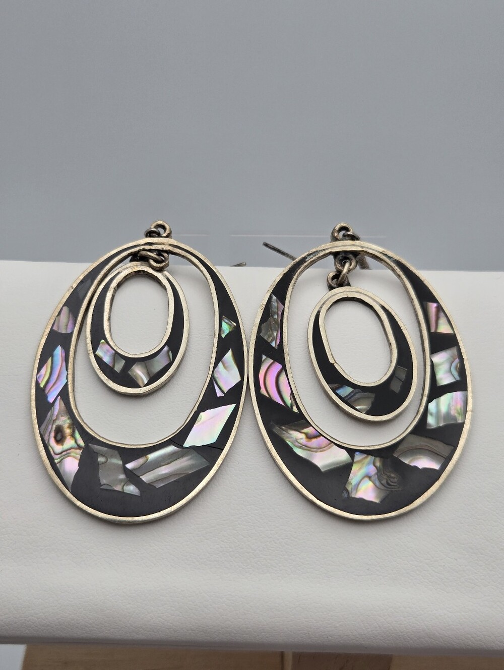 Vintage Alpaca Mexico Abalone Shell Dangle Earrings Black Inlay 2.5"
